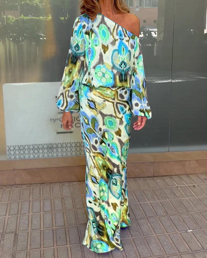 Damen Maxikleid mit asymmetrischer Ein-Schulter, fließendem Satin und Glockenärmeln Drune