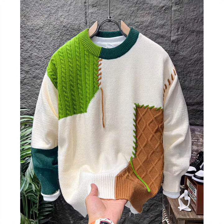 Unisex Patchwork-Oversize-Strickpullover mit Zopf- und Rautenmuster, dekorativen Kontrastnähten und Rundhalsausschnitt Drune