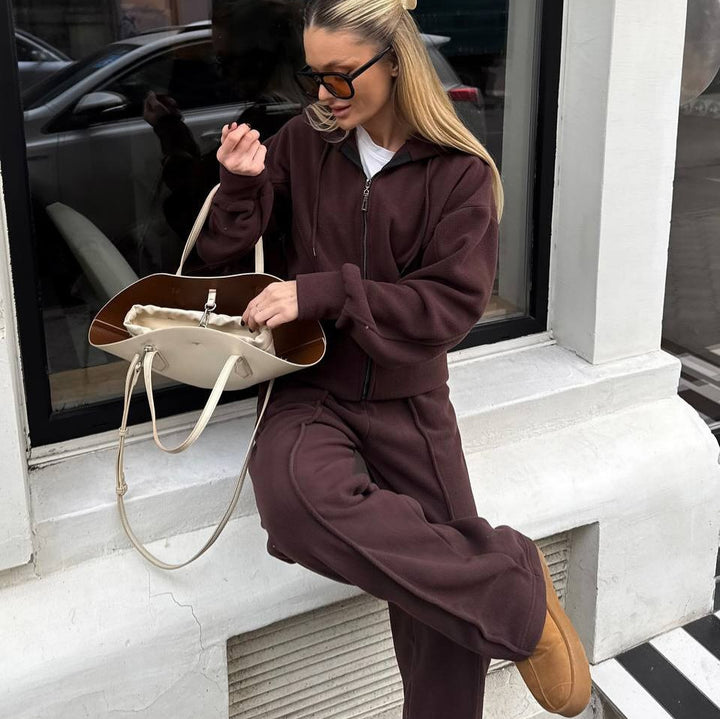 Damen Fleece-Lounge-Set mit kurzem Reißverschluss-Hoodie und taillenhoher Kordel-Jogginghose Drune