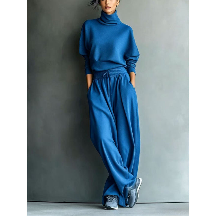 Damen Strick-Loungewear-Set mit Rollkragen und weiten Palazzo-Hosen Drune