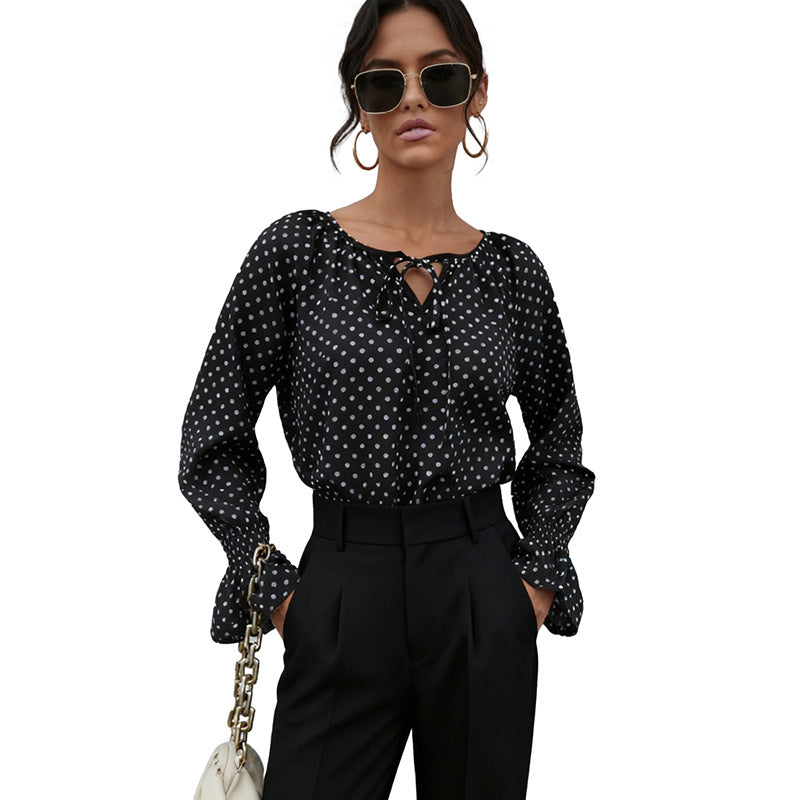 Damen Chiffonbluse mit Polka-Dots, BindDruneand-Ausschnitt und smockgesmokten Manschetten Drune