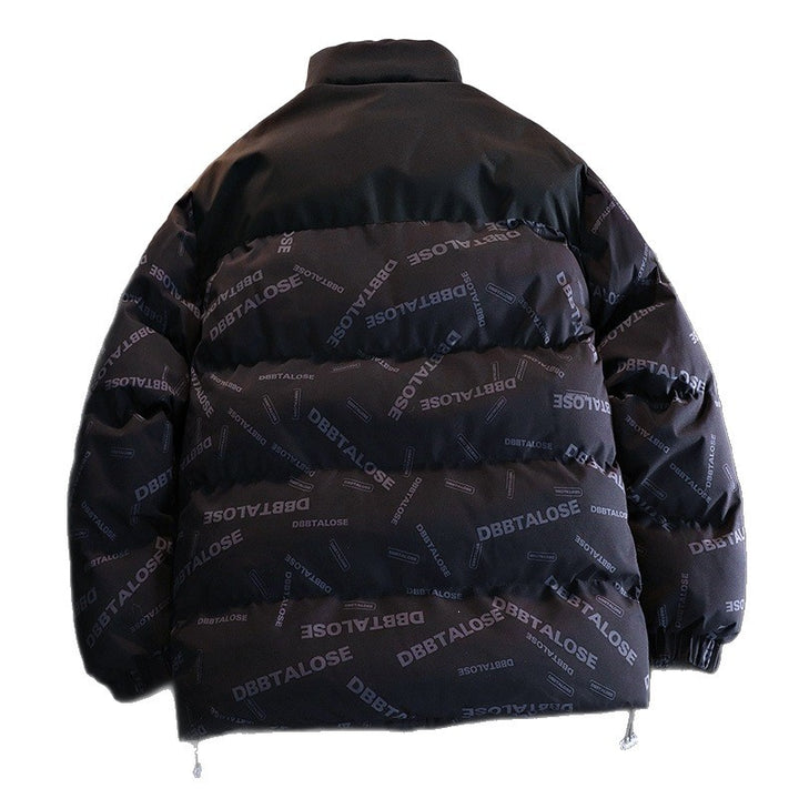 Unisex Gepolsterte Steppjacke mit Allover‑Logoprint, hohem Stehkragen & verstellbarem Saum Drune