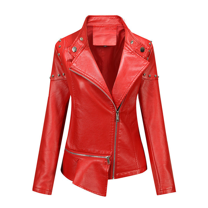 Damen Asymmetrische Bikerjacke aus Kunstleder mit Nietenbesatz und tailliertem Schnitt Drune