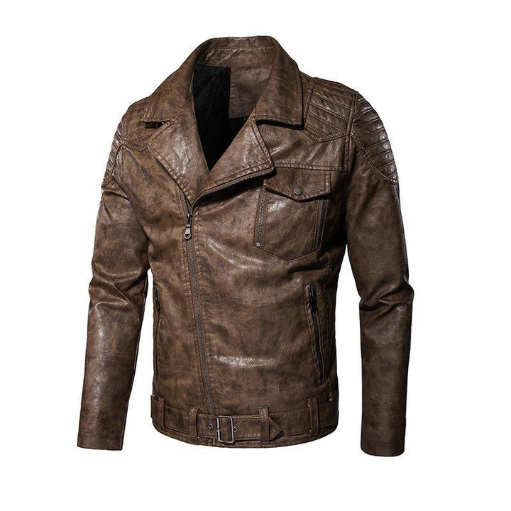 Herren Kunstleder-Bikerjacke mit Schultersteppungen, asymmetrischem Reißverschluss und verstellbarem Taillengürtel Drune