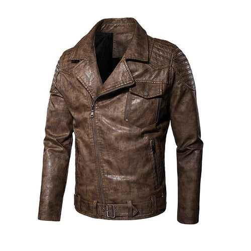 Herren Kunstleder-Bikerjacke mit Schultersteppungen, asymmetrischem Reißverschluss und verstellbarem Taillengürtel Drune