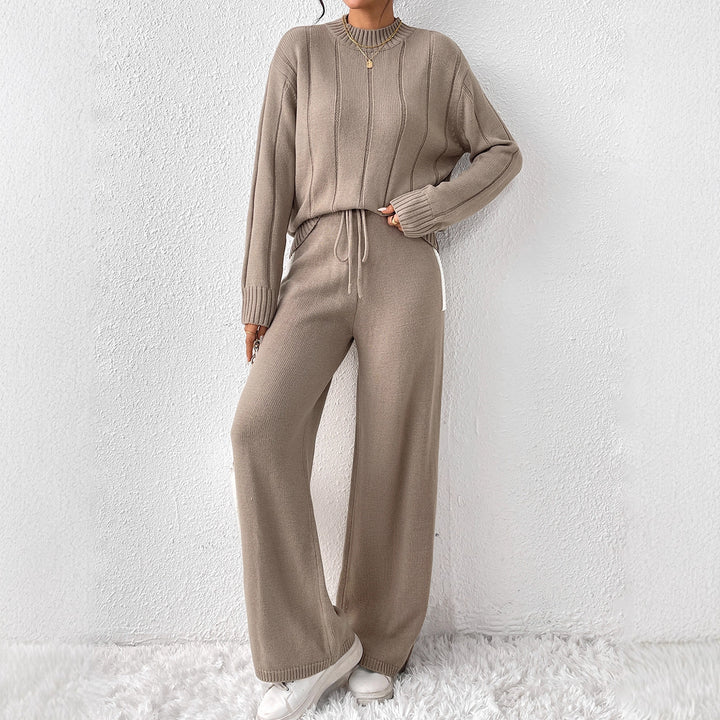 Damen lässiges Strick-Set mit hochabschließendem Pullover und weitem Hosen Drune