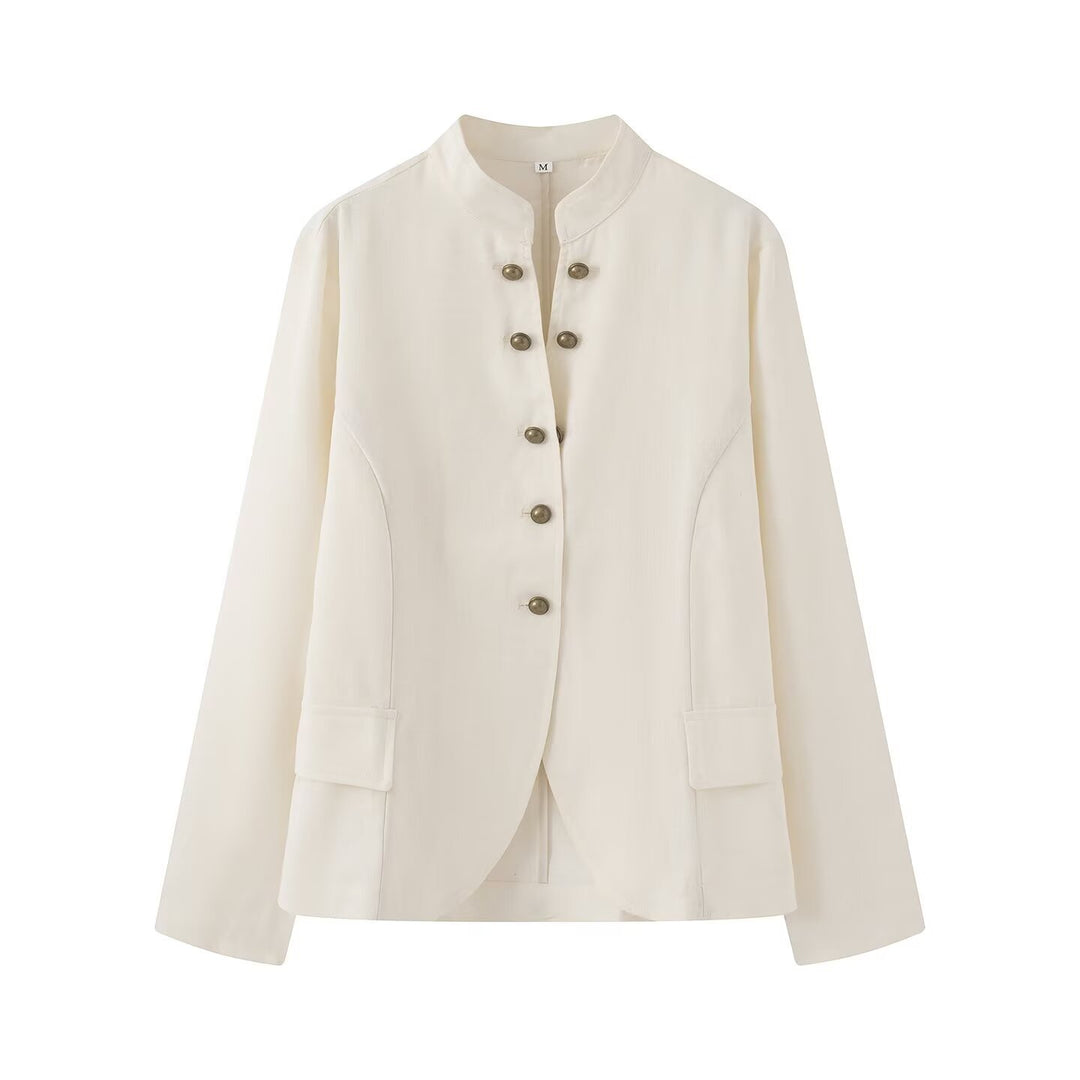 Damen Elegante Kurzjacke mit Stehkragen, Zierriegelknöpfen und Pattentaschen Drune