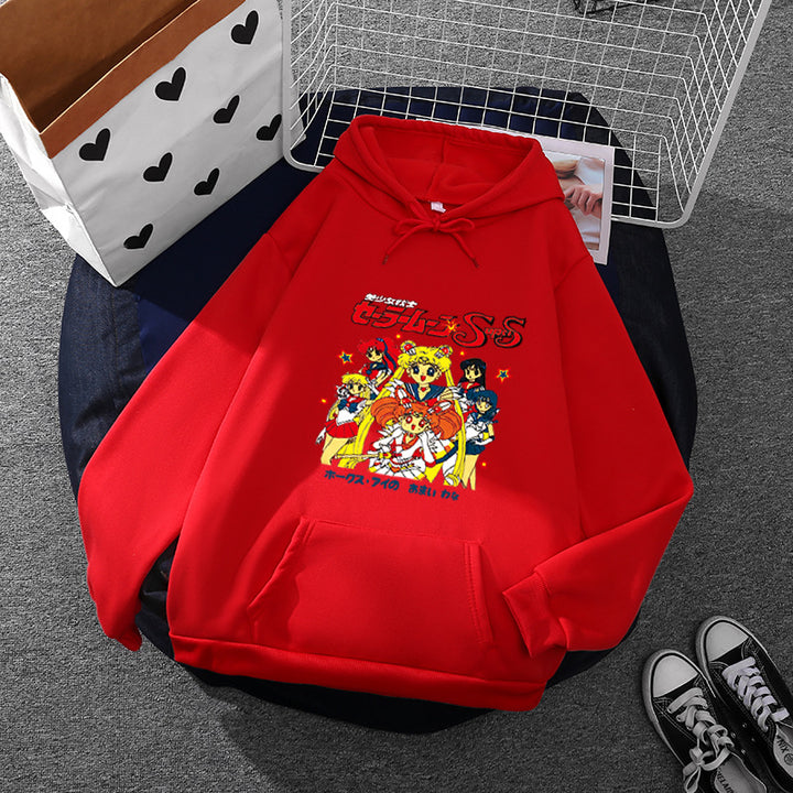 Damen nan Oversize-Kapuzenpullover mit gerautem Fleecefutter, Retro‑Anime‑Print und Kängurutasche Drune