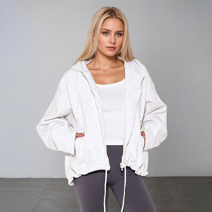 Damen oversized Kapuzenjacke mit Reißverschluss, Tunnelzug-Saum und Kängurutaschen Drune