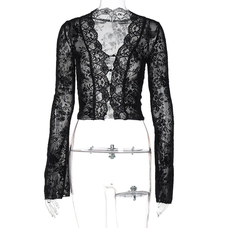 Damen Spitzenbluse mit Leopardenmuster und tiefem V-Ausschnitt Drune