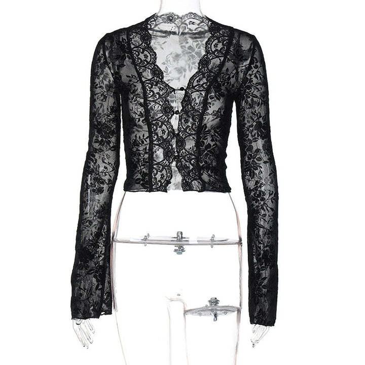 Damen Spitzenbluse mit Leopardenmuster und tiefem V-Ausschnitt Drune