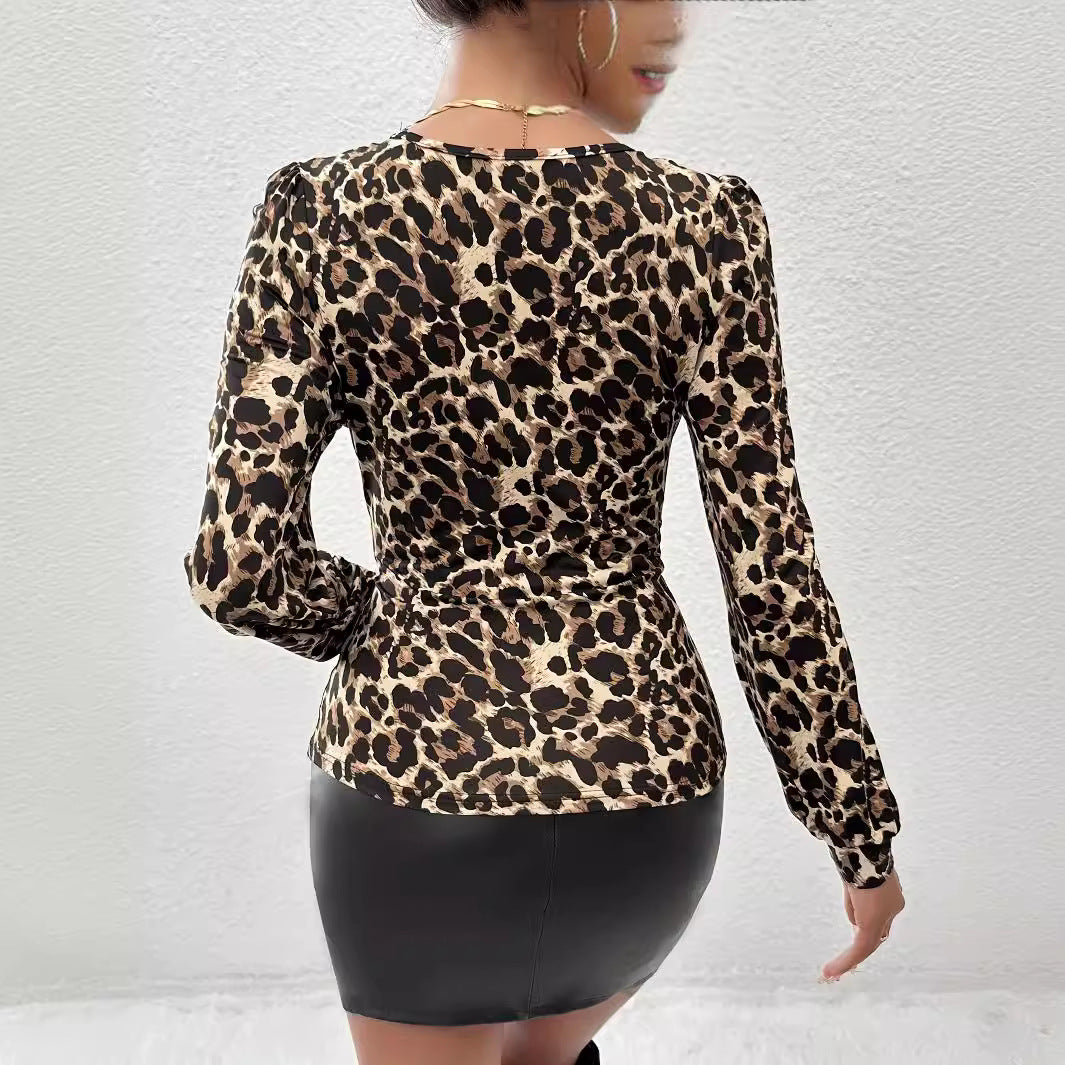Damen nan taillierter Langarm-Body mit Spitzen-V-Ausschnitt und Leopardenmuster Drune