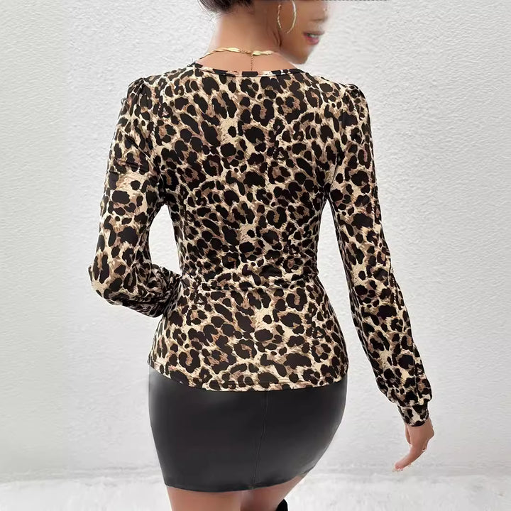 Damen nan taillierter Langarm-Body mit Spitzen-V-Ausschnitt und Leopardenmuster Drune