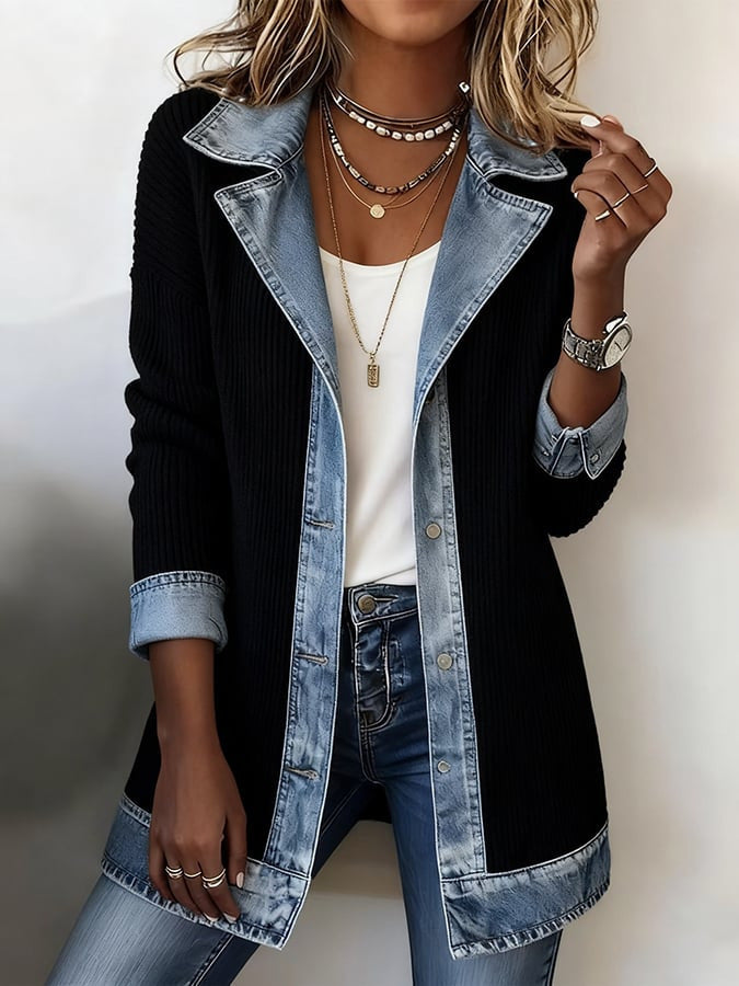 Damen Lange Strickjacke mit Denim-Kragen und Denim-Besatz Drune
