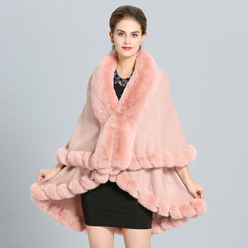 Damen Kapuzenponcho mit luxuriösem Fellkragen und eleganter Umrandung Drune