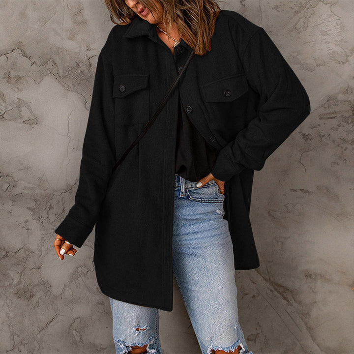 Damen vielseitige Oversize-Hemdjacke mit aufgesetzten Taschen und Knopfverschluss Drune