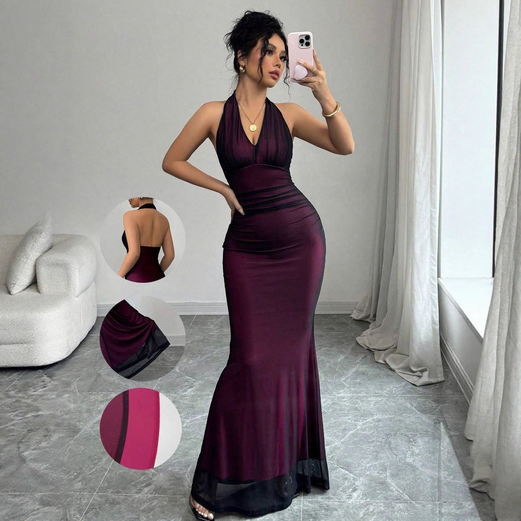 Damen Elegantes Maxikleid mit tiefem V-Ausschnitt und taillierendem Schnitt Drune