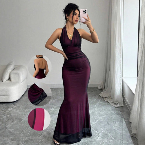Damen Elegantes Maxikleid mit tiefem V-Ausschnitt und taillierendem Schnitt Drune