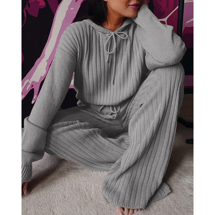 Damen Geripptes Strick-Loungewear-Set mit Kapuzenpullover und weiter Kordelzughose Drune