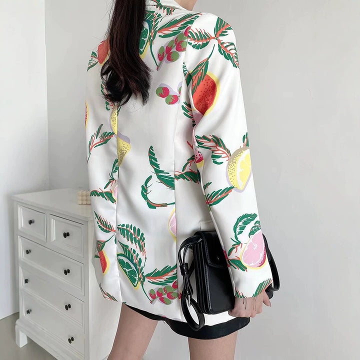 Damen Doppelreihiger Oversize-Blazer aus leichter Webware mit farbigem Zitrus-Print Drune