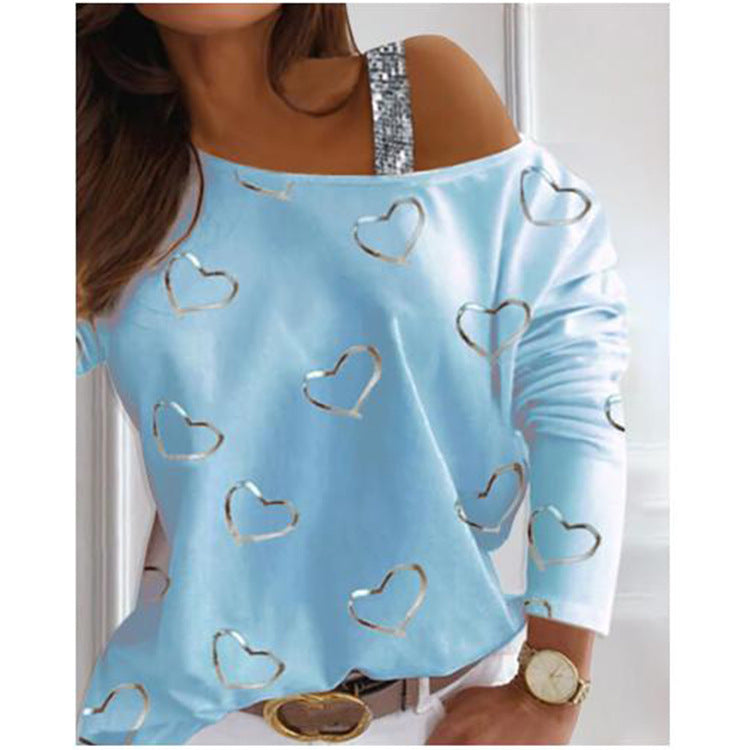 Damen Off-Shoulder Strickpullover mit Herzprint und Paillettenträger Drune