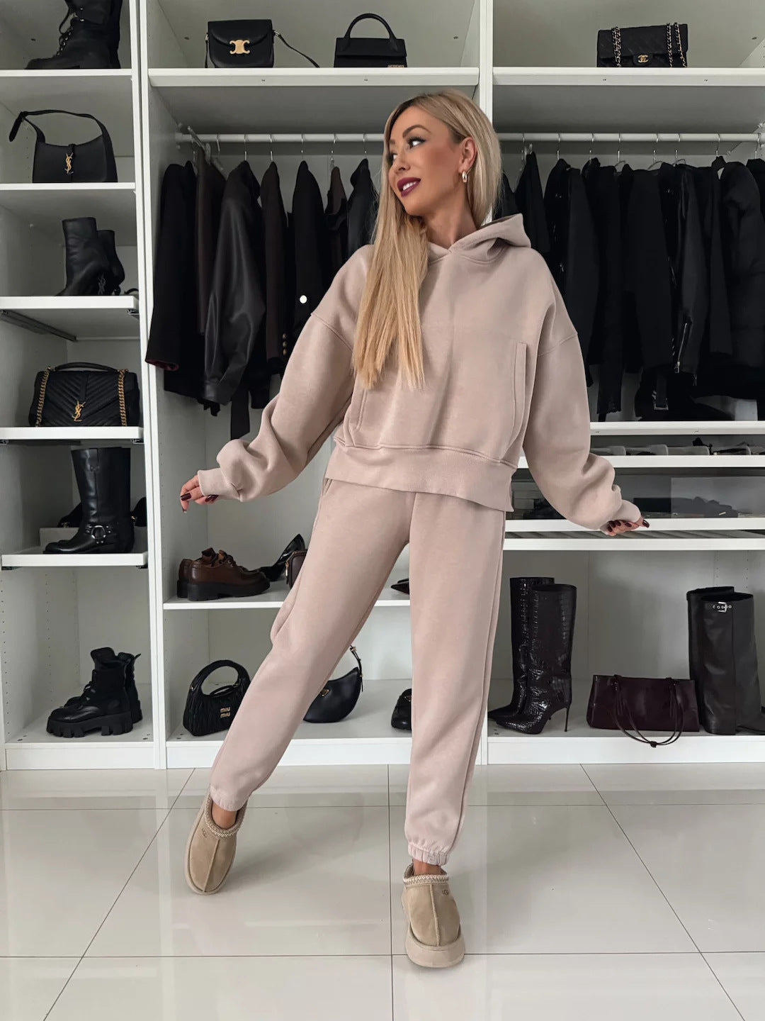 Damen Kurzgeschnittenes Kapuzen-Hoodie und High‑Waist Jogginghose Set aus weichem French-Terry Drune
