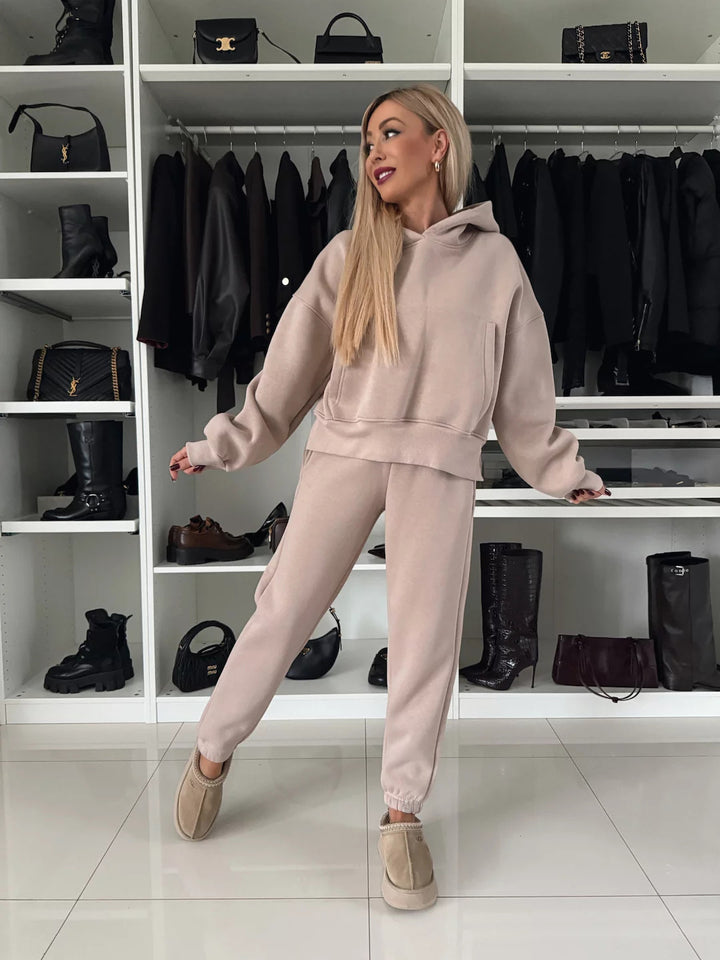 Damen Kurzgeschnittenes Kapuzen-Hoodie und High‑Waist Jogginghose Set aus weichem French-Terry Drune