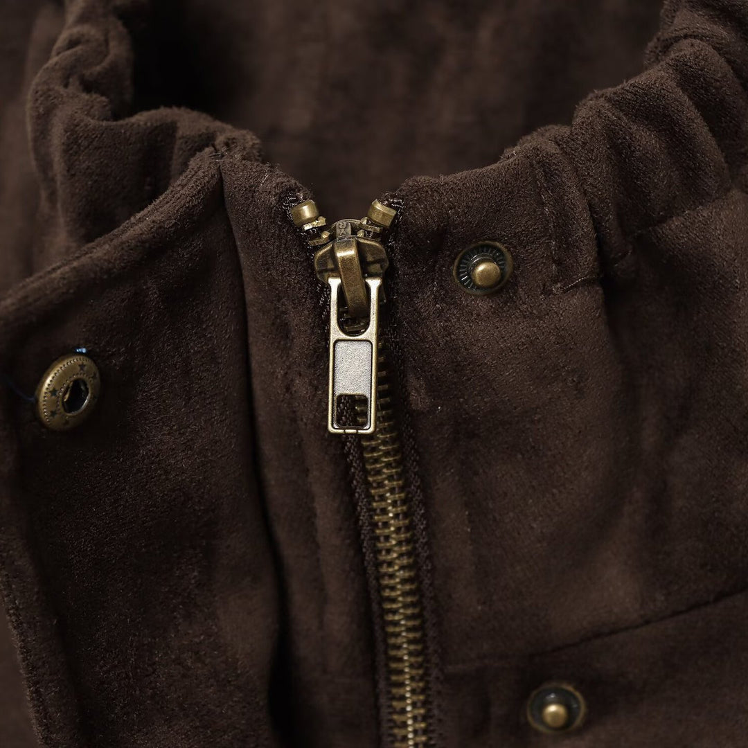 Damen Kurzjacke im Bomberstil aus Veloursoptik mit hohem Funnelkragen und Taillenriegel Drune
