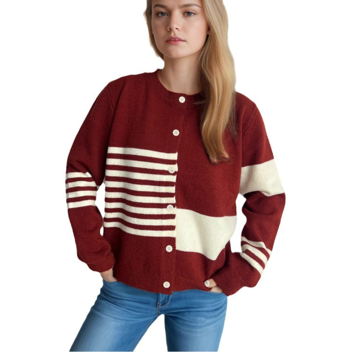 Damen lässige Strickjacke mit kontrastierenden Streifen und eleganten Knopfdetails Drune