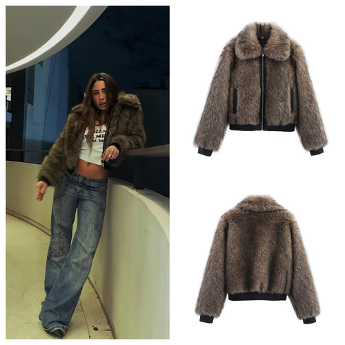 Damen kuschelige Kunstpelzjacke mit modischem Kragen Drune