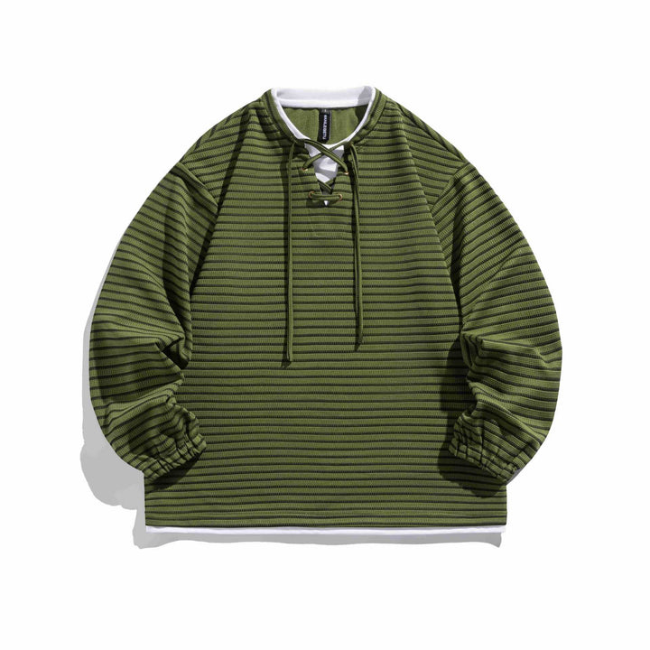 Unisex Gestreifter Waffelstruktur-Pullover mit Schnürverschluss und Raglanärmeln Drune
