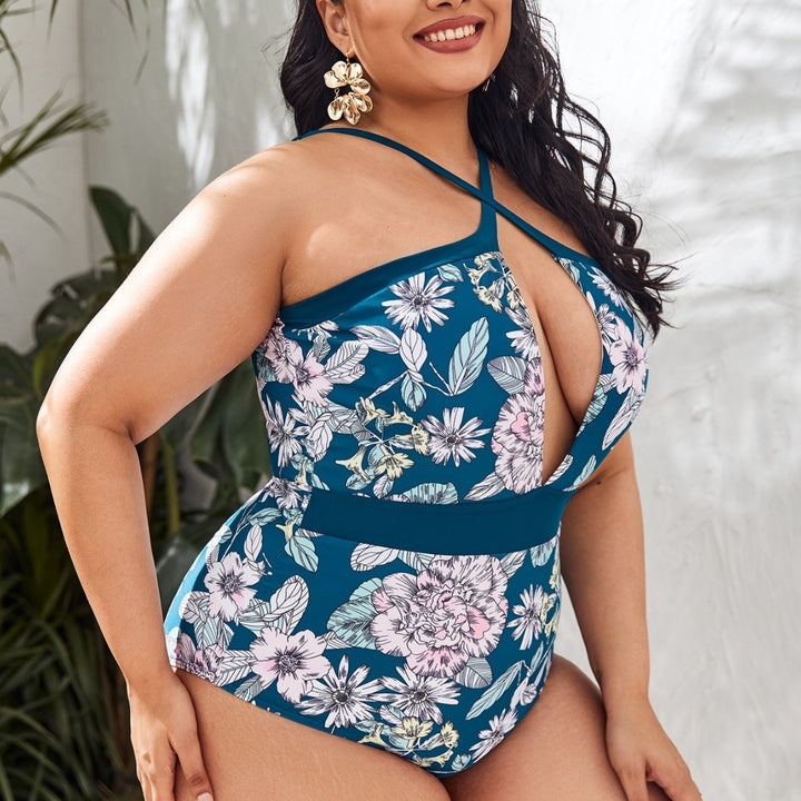 Damen Sportlicher Badeanzug mit tiefem V-Ausschnitt und floralem Design Drune