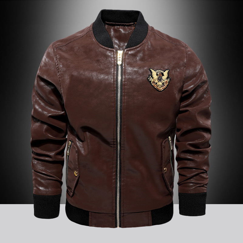 Herren Lederoptik Bomberjacke mit Stickbadge, Rippbündchen und Gold-Details Drune
