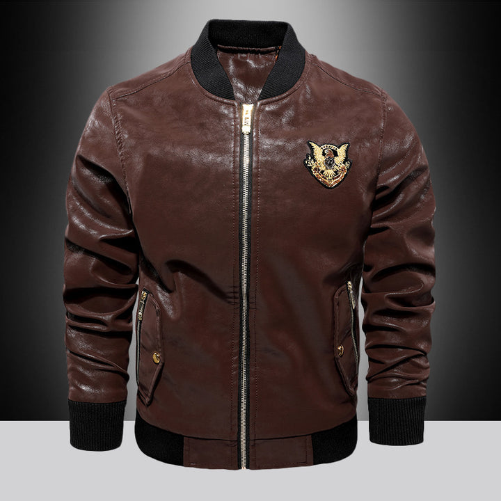 Herren Lederoptik Bomberjacke mit Stickbadge, Rippbündchen und Gold-Details Drune