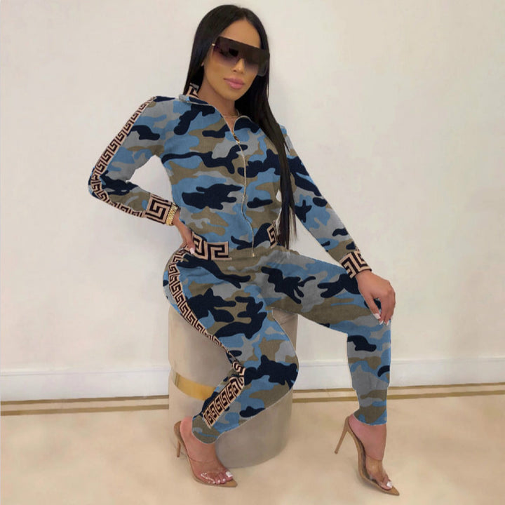 Damen Figurbetonter Jumpsuit mit Reißverschluss, Leopardenmuster und Kontrastbordüre Drune