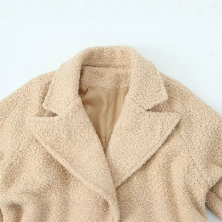 Damen Zweireihiger Teddy‑Mantel mit Bindegürtel und Schnallenärmeln Drune