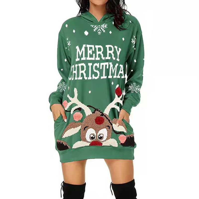 Damen Weihnachtlicher Hoodie-Kleid mit Kapuze und Taschen Drune