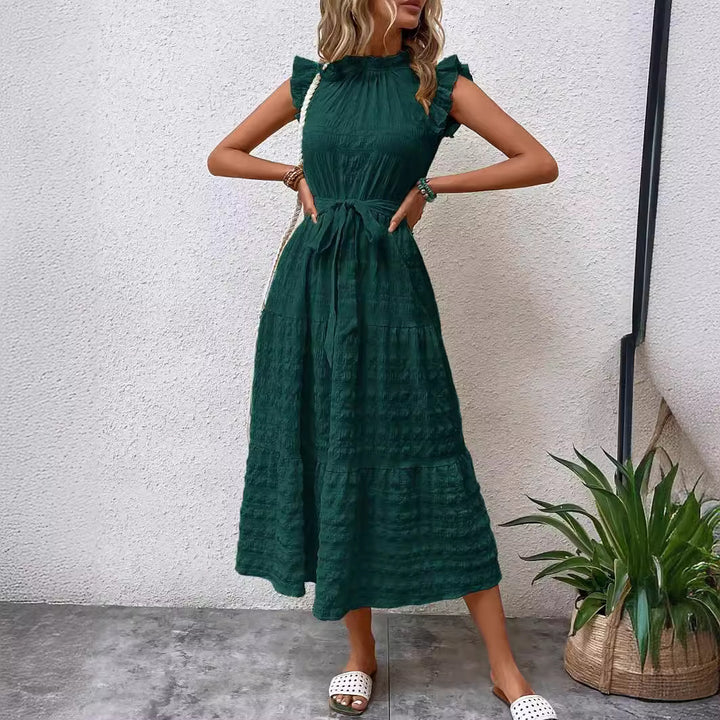 Damen Midi-Kleid mit Rüschenärmeln und Taillengürtel Drune