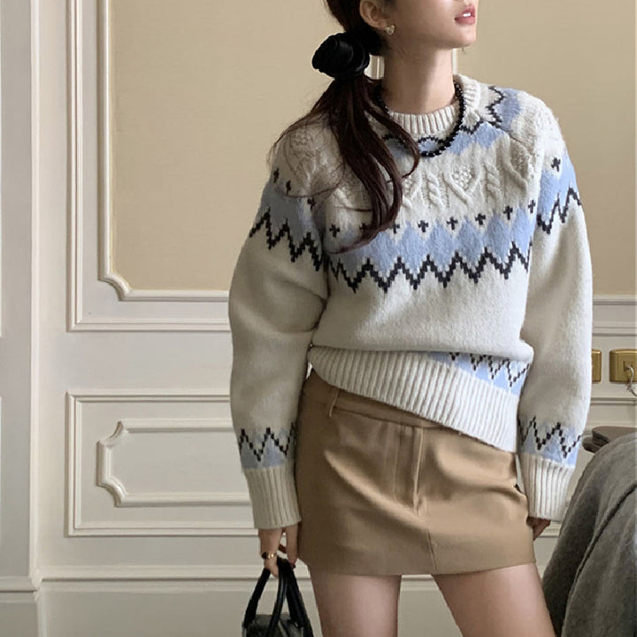 Damen gemusterter Strickpullover mit Rundhalsausschnitt und Komfortschnitt Drune