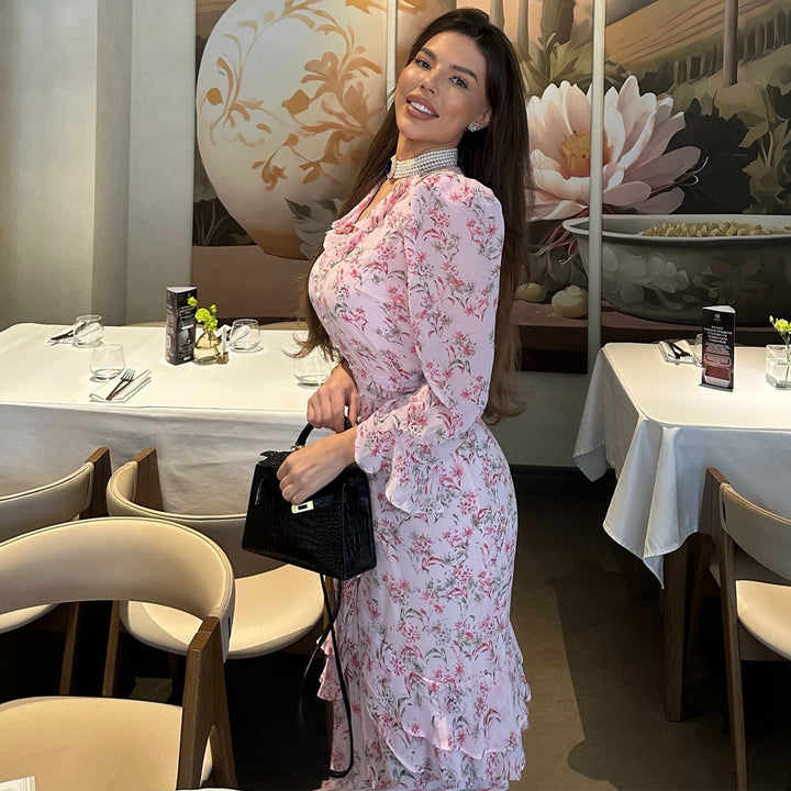 Damen Rüschenkleid mit floralem Design und elegantem V-Ausschnitt Drune