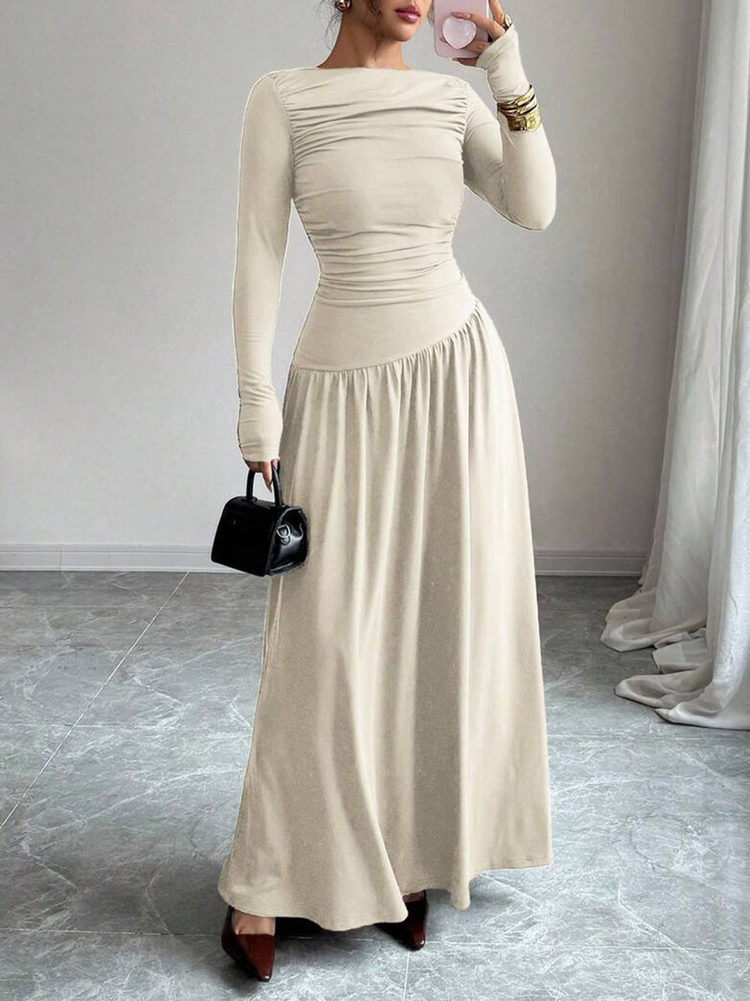 Damen Maxikleid mit gerafftem Oberteil, tailliertem Bund und Langarm Drune