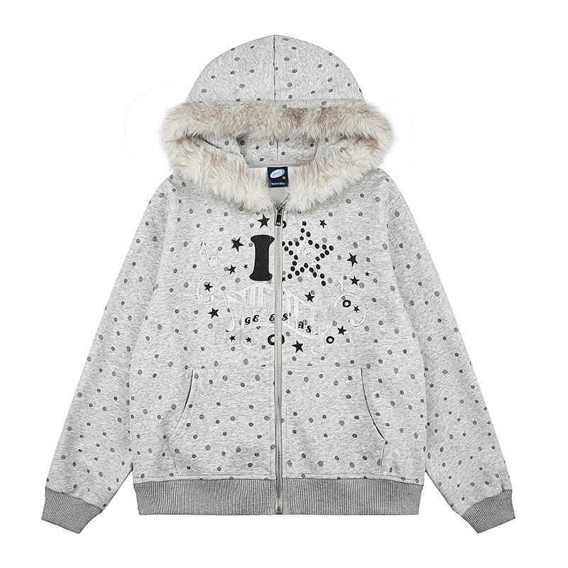 Damen Gepunktete Kapuzen-Sweatjacke mit Kunstfellbesatz, durchgehendem Reißverschluss und Kängurutaschen Drune