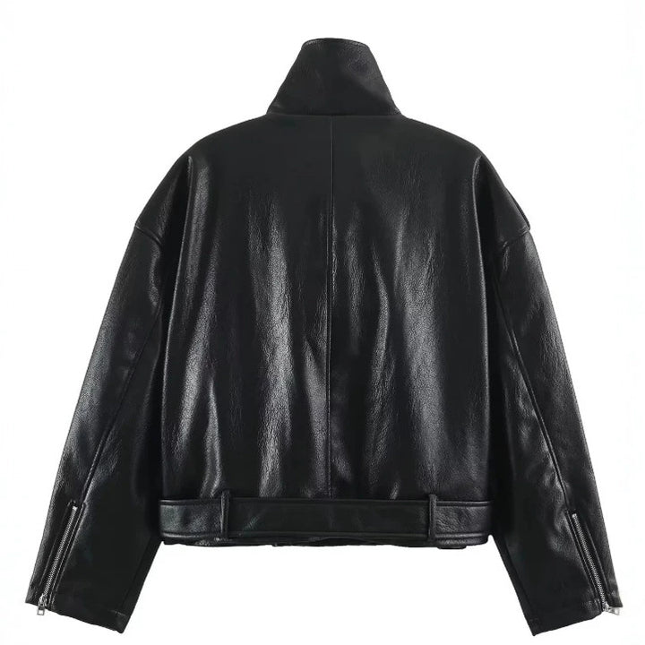Damen Kurz geschnittene Bikerjacke aus Kunstleder mit asymmetrischem Reißverschluss, Stehkragen und Schulterklappen Drune