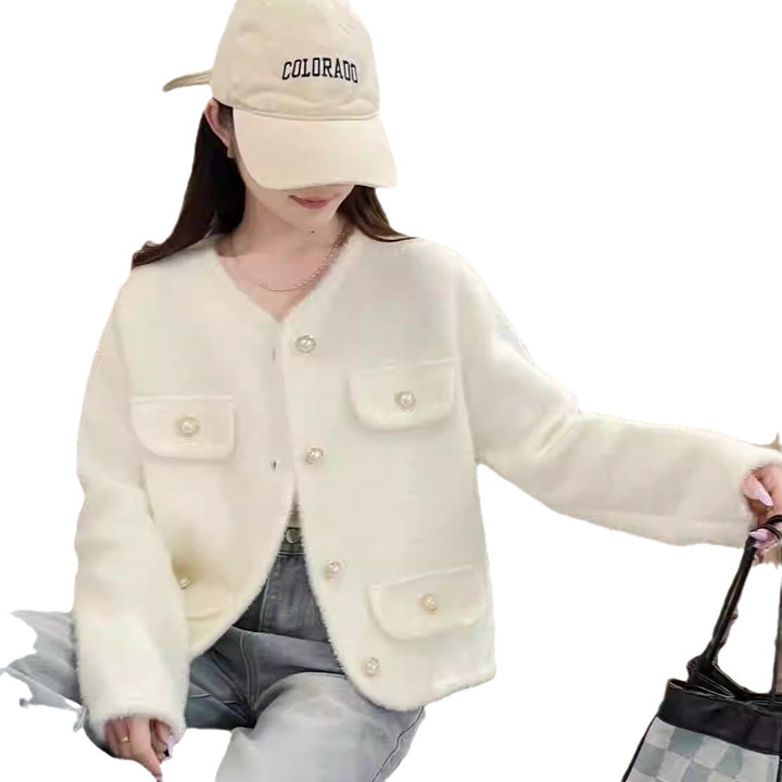 Damen Flauschiger Cardigan mit dekorativen Knopfdetails und praktischen Taschen Drune