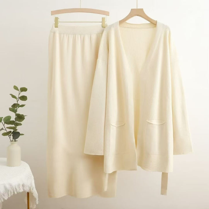 Damen lässiges Strickensemble mit tiefem V-Ausschnitt und praktischen Taschen Drune
