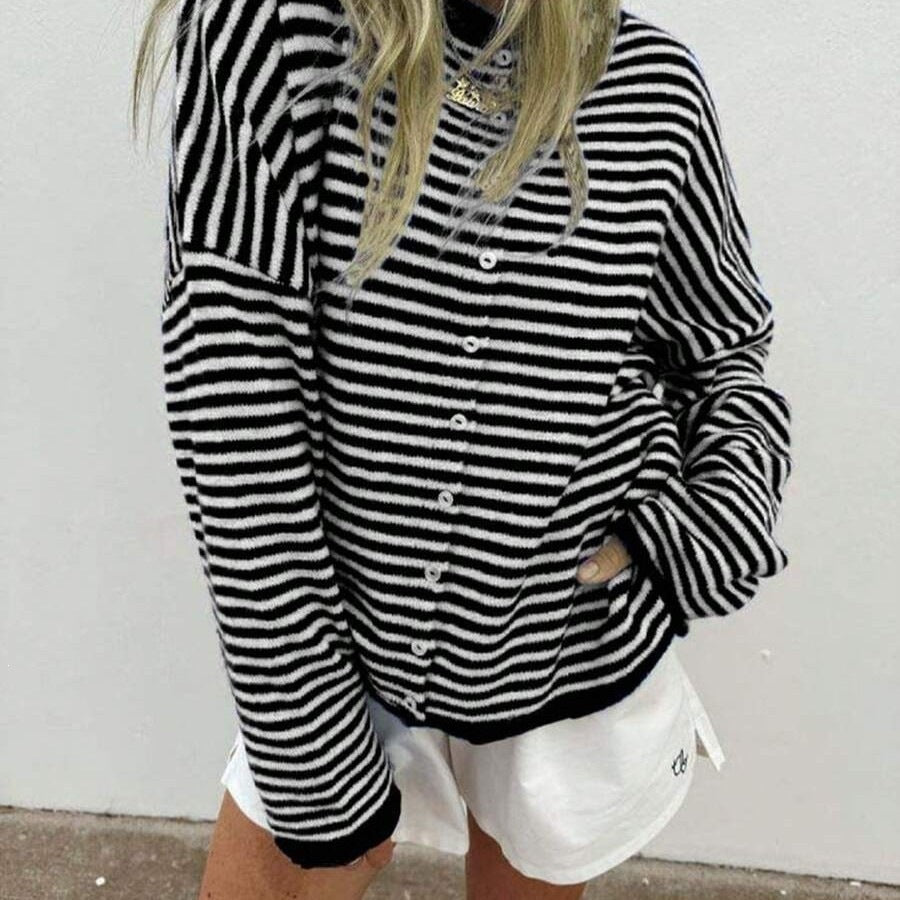 Damen Gestreifter Oversize Strickcardigan mit Knopfleiste und maritimem Look Drune
