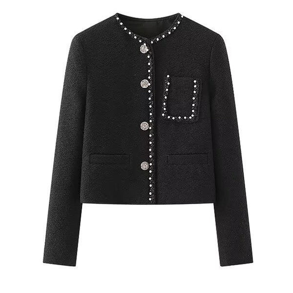 Damen elegante Jacke mit perlenverziertem Kragen und praktischen Taschen Drune