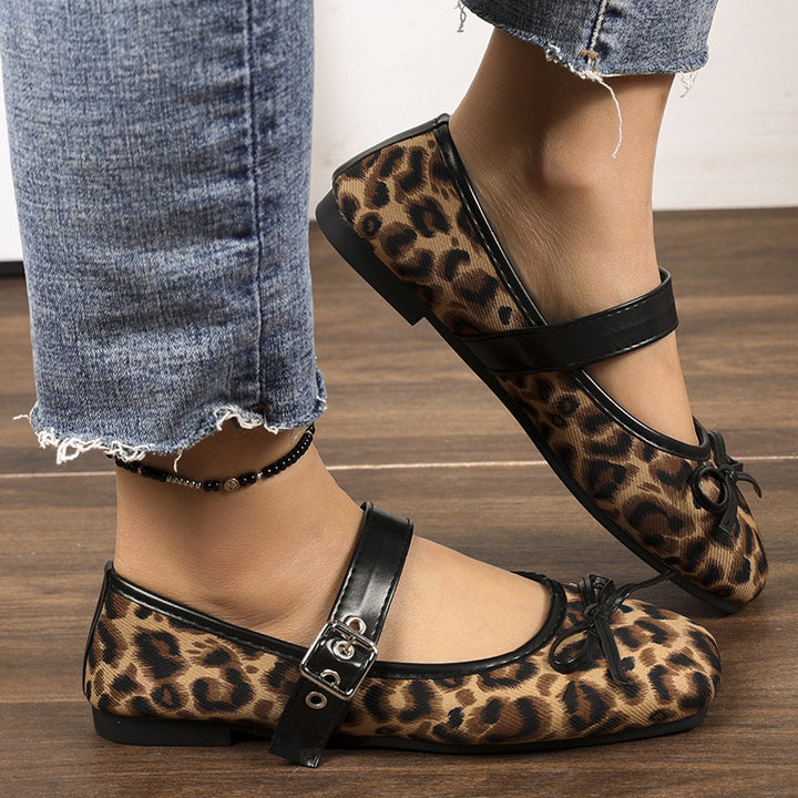 Damen nan Ballerinas mit Leopardenmuster, verstellbarem Mary-Jane-Riemen und dekorativer Schleife Drune