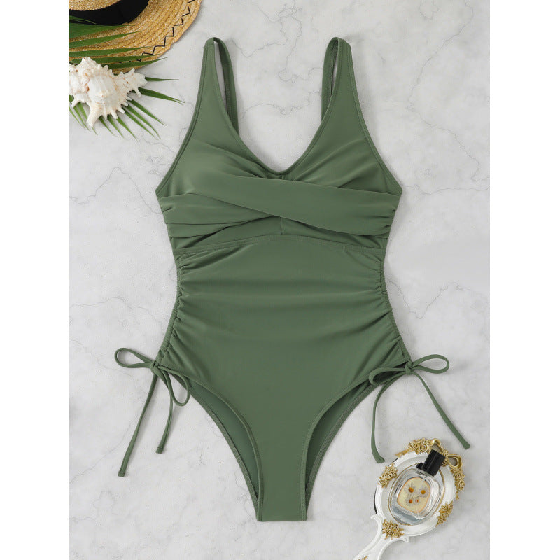 Damen Eleganter Wickel-Badeanzug mit seitlichen Bindebändern Drune