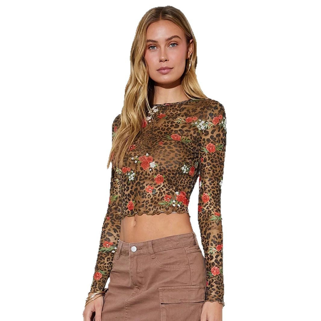 Damen nan feines Mesh-Crop-Top mit Leoparden- und Rosenprint Drune
